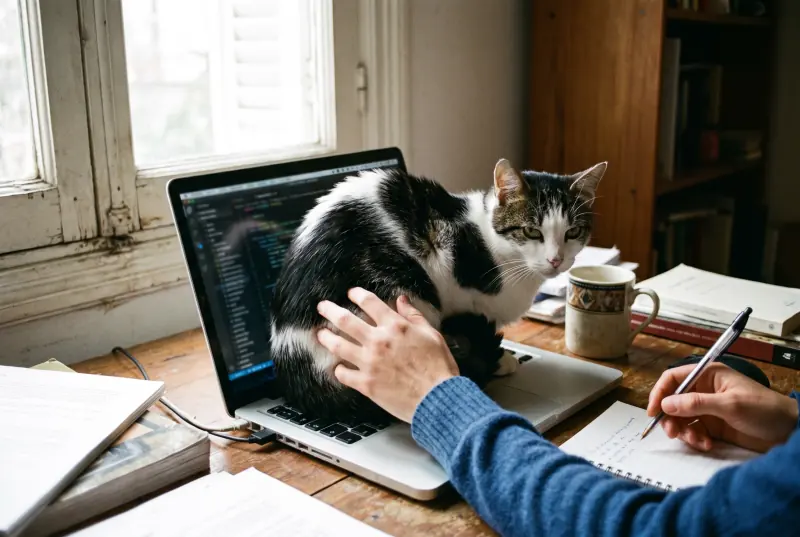 Un gato blanco y negro echado sobre un notebook mientras alguien escribe al lado